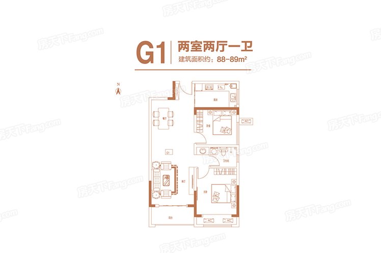 2号地高层G1户型 建筑面积：89.00㎡